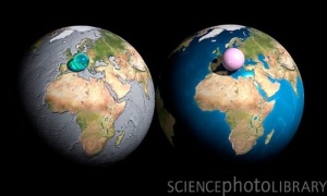 Comparación del volumen del agua (izquierda) y atmósfera (derecha) del planeta, en comparación con la propia Tierra.