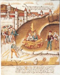 Quema del caballero de Hohenberg y su sirviente delante de la muralla Zürich por sodomía, 1482.
