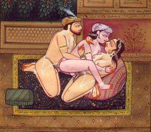 Menage a trois de dos hombres y una mujer hindúes; siglo XVII o XVIII.
